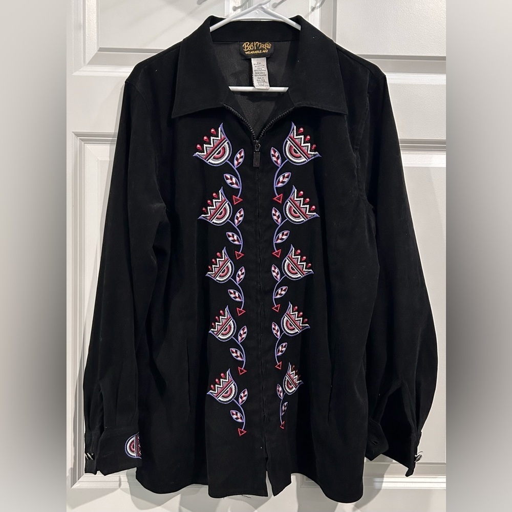 Bob Mackie Wearable Art Zip Jacket Sz L‎ Southwestern Embroidered Floral Velvety